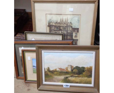 Five assorted framed pictures including W. Wilson: oil on board depicting a rural church and cottage, signed Reginald Green e