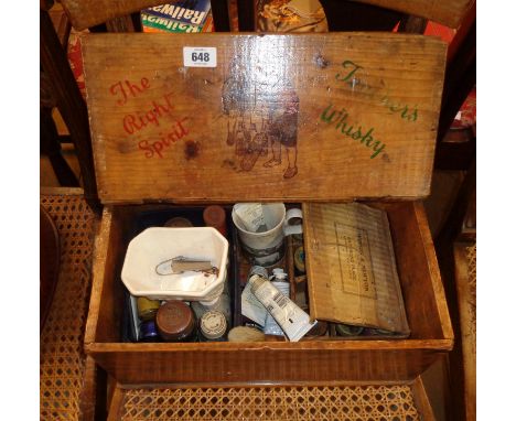 A vintage Teacher's Whisky wooden advertising box containing assorted Winsor &amp; Newton and other acrylic, poster paints, b