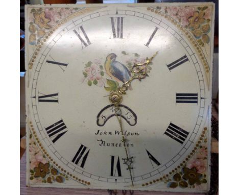 A 19th Century stained pine longcase clock, the 12" painted square dial marked for John Wilson, Nuneaton, with thirty hour be