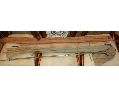 Three vintage split cane fishing rods - sold with a brass extending rod stand