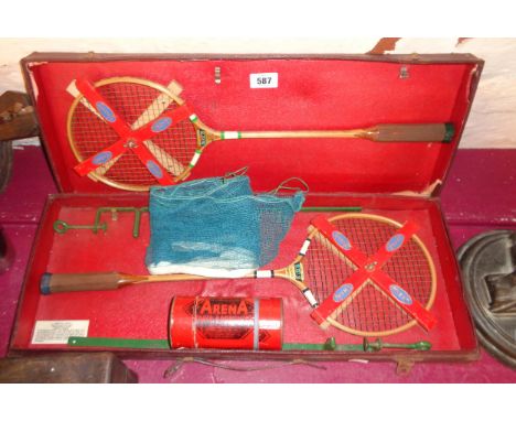 A vintage cased Arena table badmington set with feathered shuttlecocks