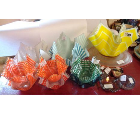 Fourteen pieces of glassware including nine vintage Chance Bros. handkerchief vases, etc.