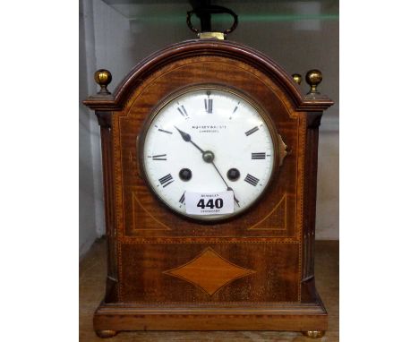 An Edwardian inlaid mahogany cased bracket style mantel clock with S. Marti, gold medal, eight day gong striking movement