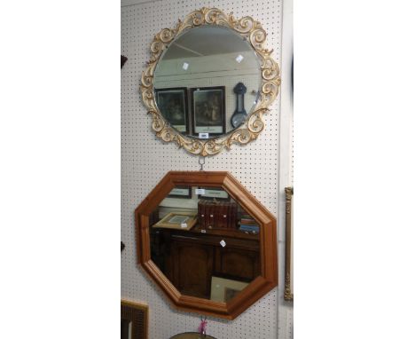 A vintage Aisonea ornate parcel gilt framed bevelled circular wall mirror (a/f) - sold with a pine framed wall mirror and ano