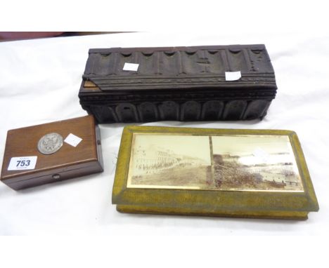 An oak trinket box with the Perth coat of arms to lid, a box made from antique mouldings, and a velvet clad glove box with tw
