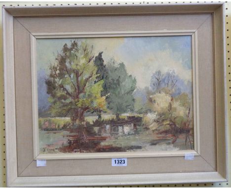 Betty Rand: a vintage painted wood and hessian framed oil on board, entitled verso "A Devon Stream" - signed