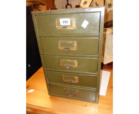 A 10 3/4" vintage green painted metal five drawer filing cabinet