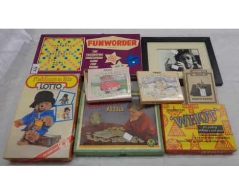 Assorted vintage children's toys and games including Victory geographical puzzle, Lotto, etc. - sold with a framed photo of J