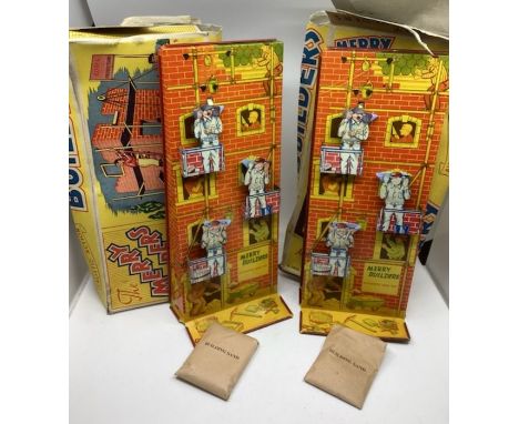 Vintage toys tinplate; Codeg x 2 merry builders Automatic Sand toys in tinplate with original bags of sand and the original b