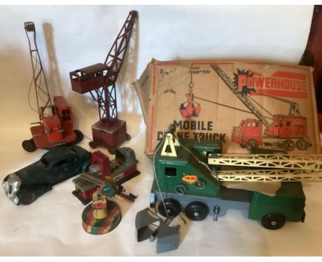 Marx Mobile Truck and other tinplateTriang Lines cranes car and toys in played with vintage condition. Together with shabby r