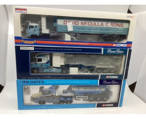 Corgi trucks to include boxed unused sets : cc13111 D Mcculla Volvo,cc12805 Tinnelly tipper,cc12801 Hayes scania tab tanker s