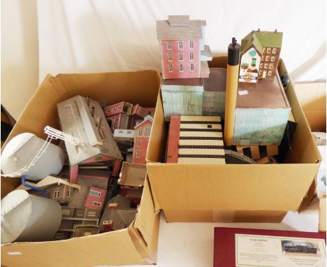 Model railway lay out interest : numerous card build buildings for railway layout, together with O gauge play worn parts/ spa