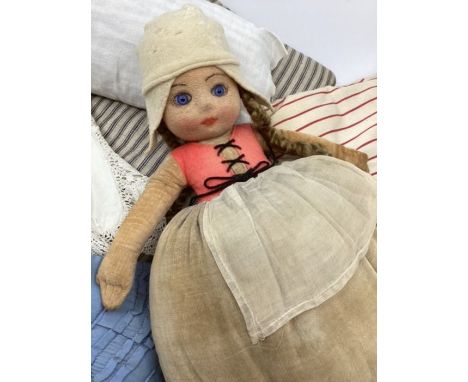Chad Valley 1930s 11” Pressed felt Painted head Dutch doll with Red foot label and tin inserted printed side button-Velvet bl