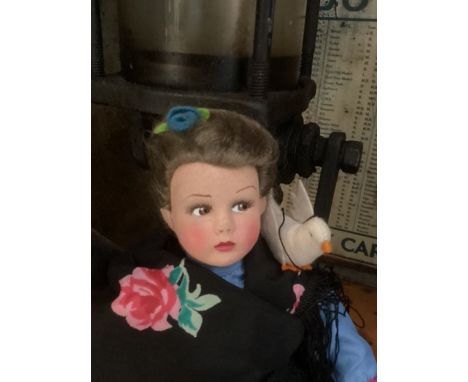 Good Lenci type doll &nbsp;type cloth panted pressed head doll in all original costume with dove in her hand &nbsp;11” tall a