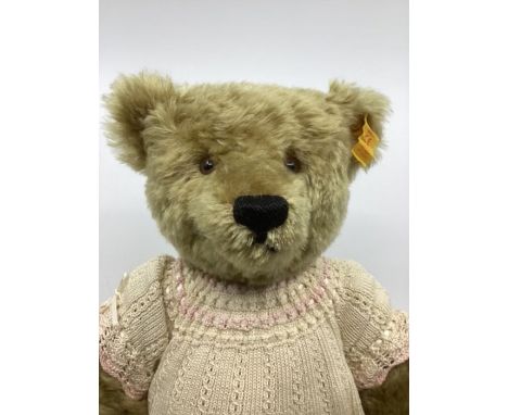 Steiff Classic teddy bear tag 000751 16” in classic pale brown plush mohair, firm articulation( has additional clothing set d