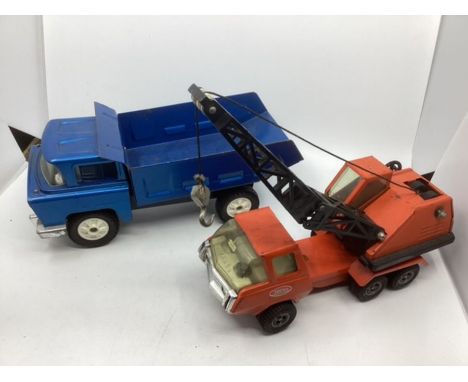 Triang and Tonka 12” long diecast vintage toys c 1970 including Blue tipper Truck -Triang Made in England and a further Tonka