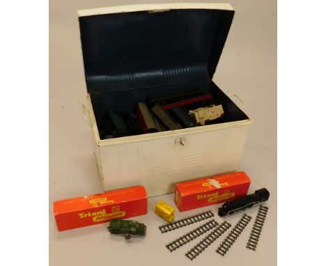 A quantity of Triang and other 00-gauge model railway, to include locomotive, carriages, etc., and a tin trunk.