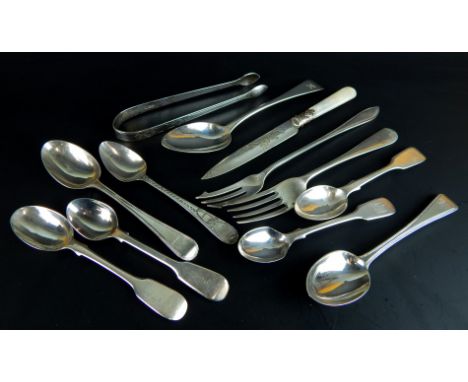 A quantity of silver etc, to include sugar tongs, spoons, pickle fork etc, 9¼oz