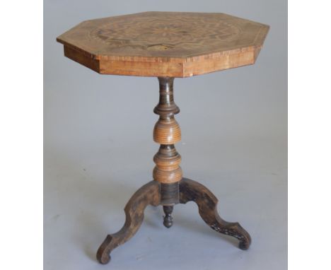 A 19thC walnut and parquetry occasional table, the octagonal top inlaid with central patera, on a turned and chequer banded c