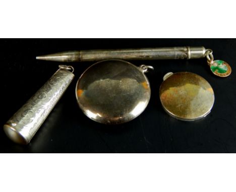 A collection of small silver etc., to include a cheroot holder, an oval circular patch box, and a silver plated propelling pe