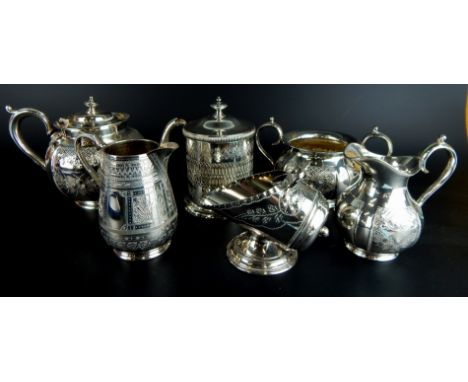 A collection of silver plate, to include teapot, sugar bowl, biscuit barrel etc.