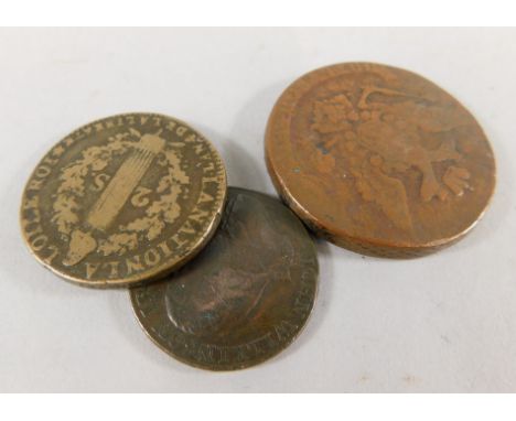 Three 19thC and earlier coins, to include a Louis XVI 1792 coin, a John Wilkinson Iron Master half penny, dated 1790, and a P