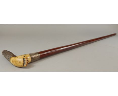 An unusual silver mounted lacquer walking cane, revealing a horse measuring stick mounted to the antler handle, 93cm long.