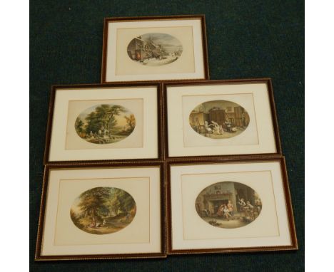 A collection of five Le Blonde & Co oval prints, the Blackberry Gatherers, Crossing the Brook, Grandmother's snuff box, snowb
