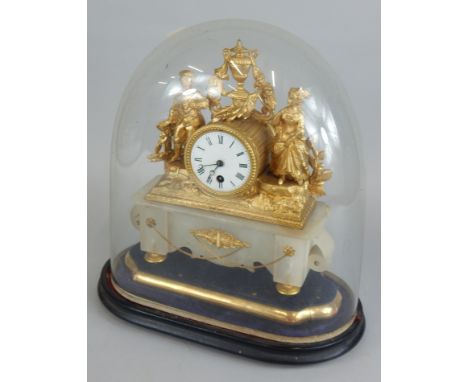 A late 19thC French gilt metal and alabaster mantel clock, in a glass dome with ebonised base, 40cm high.
