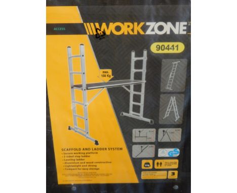 A work zone scaffold and ladder system, in original packaging, unopened.