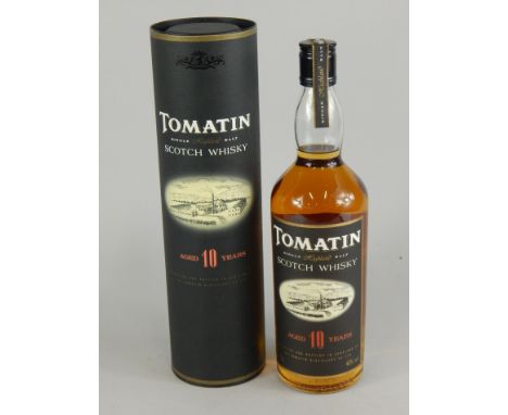 A bottle of Tomatin Single Malt Scotch Whisky, aged 10 years, in presentation case.