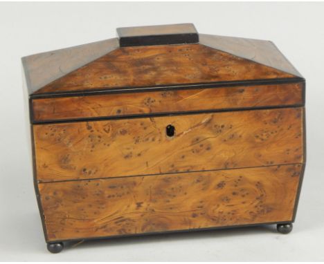 A mid 19thC yew veneered and ebony strung tea caddy, of sarcophagus form, the hinged lid enclosing two lidded divisions, on b