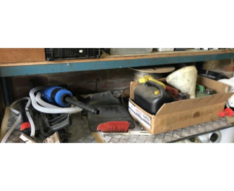 A Universal pressure washer gun pump, tyre guard induction pump, various petrol cans, lengths of steel, wire and cabling, etc
