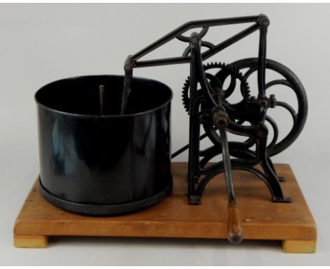 Kitchenalia, a rare mid 19thC food chopping device, with spoked handle and bean engine type action, on a later wooden base, 5