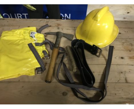 A fire group, including trousers, axe, helmet and safety line