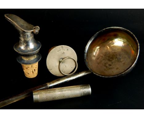 A collection of small silver and white metal, to include a ladle with twisted whale bone handle, an engine turned cheroot hol
