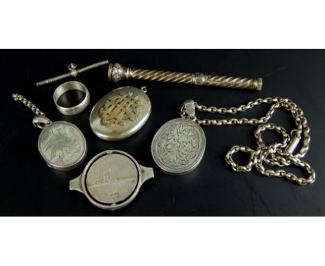 A collection of silver and white metal items, to include a propelling pencil inset with an amethyst, a brooch made to commemo