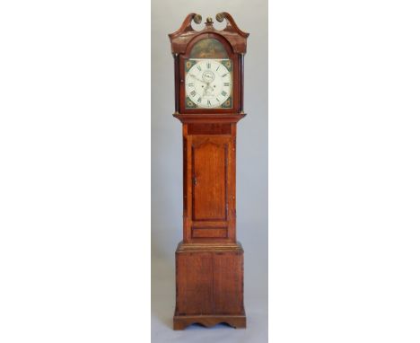 A. Hall.  Billingborough, a mid 19thC longcase clock, the arched dial painted with flowers and a hunting scene with dogs, hun