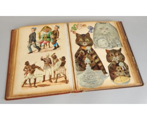 An album of Victorian scraps, some depicting cats in Louis Wain style, soldiers, steam train, paddle steamer, etc. 