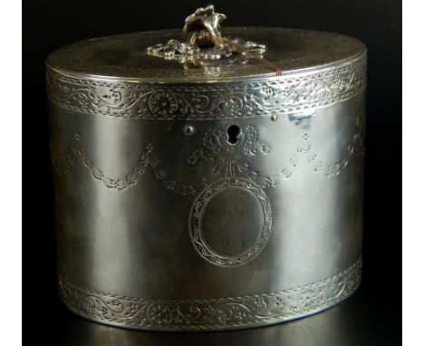 A George III oval silver tea caddy, with flower knop, engraved bands and central Adam style oval cartouche, London 1818, poss