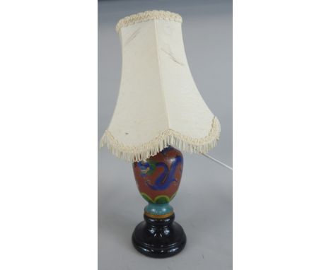 An Oriental style lamp base, formed from a cloisonne vase, ceramic plinth, adapted, 49cm high overall.