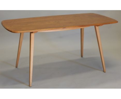 An Ercol light elm kitchen table, the rectangular top on square tapering legs, 75cm x 151cm.