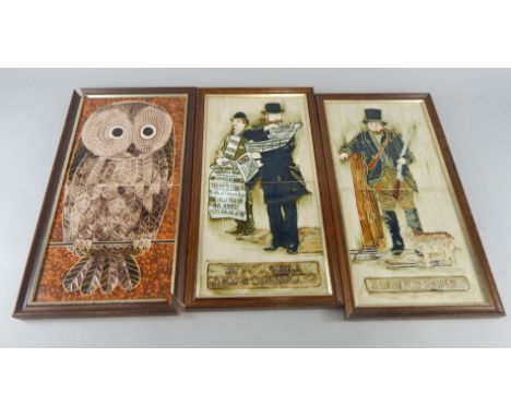 Three modern Maw & Co tile pictures, Victorian news vendor, gamekeeper and owl, framed, (AF).