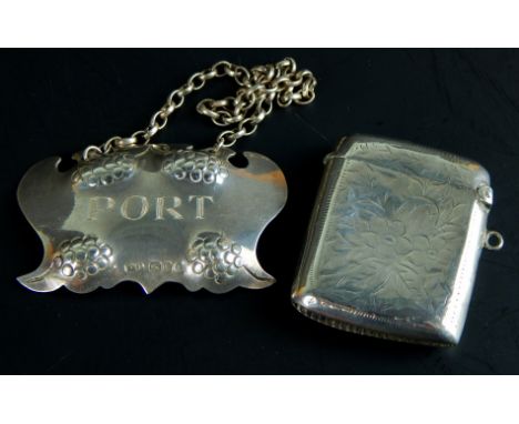 A George V engraved silver vesta case, Birmingham 1911, and a port decanter label, London 1986