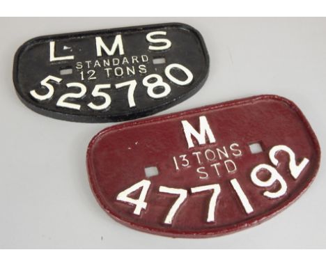 Two railway engine plaques, on for LMS standard 10 tons bearing number 525780, the other 13 tons standard bearing number 4771