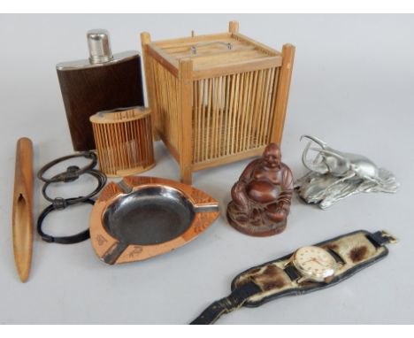Various collectables, to include a carved wooded oriental Pudai, a Papillon pewter beetle, a flask, Smith's wristwatch, coper