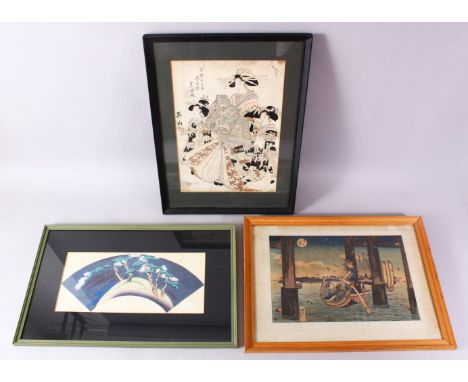 A COLLECTION OF THREE JAPANESE MEIJI PERIOD WOOD BLOCK PRINTS BY EIZAN - KUNIYOSHI &amp; OTHER, Each framed, one of a watersi