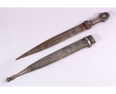 A 19TH CENTURY RUSSIAN KINJAL DAGGER with niello decoration to the scabbard and hilt, 49cm long.