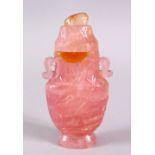 A CHINESE CARVED ROSE QUARTZ VASE & COVER, carved with duck and lotus decoration, twin carved