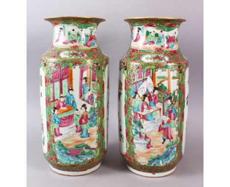 A PAIR OF 19TH CENTURY CHINESE CANTON FAMILLE ROSE PORCELAIN LANTERN VASES / LAMPS, each with panels of figures interior, wit